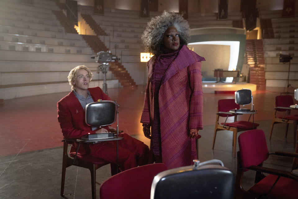 This image released by Lionsgate shows Tom Blyth, left, and Viola Davis in a scene from "The Hunger Games: The Ballad of Songbirds and Snakes." (Lionsgate via AP)