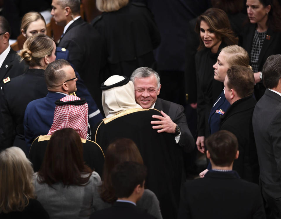 Jordan's King Abdullah II and Queen Rania arrive before the funeral service for former US President George H. W. Bush at the National Cathedral in Washington, DC on December 5, 2018.