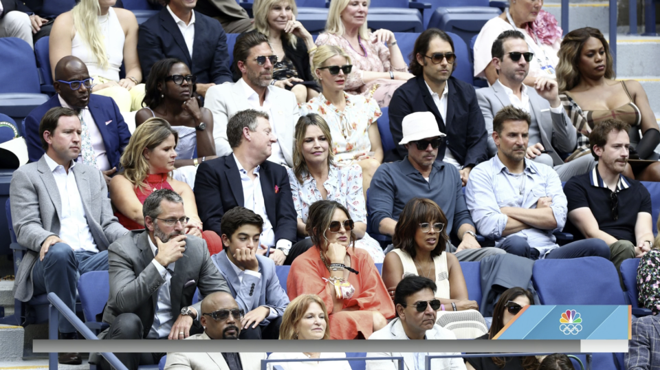 Broader shot of audience showing Savannah sitting next to Brad and Bradley and Gayle King and Mariska Hargitay in row in front of them