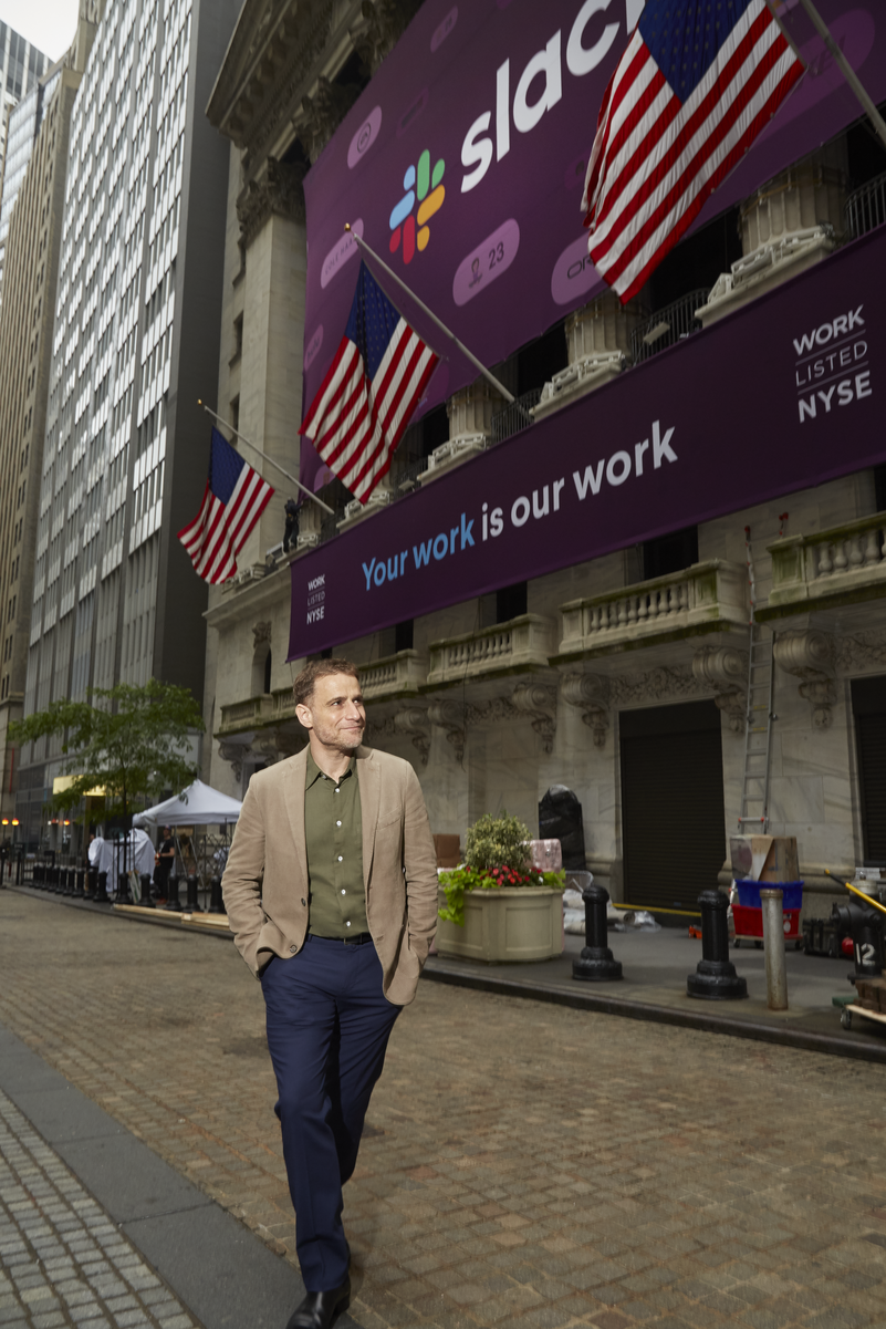 Slack Technologies CEO Stewart Butterfield standing outside the New York Stock Exchange on June 20th.