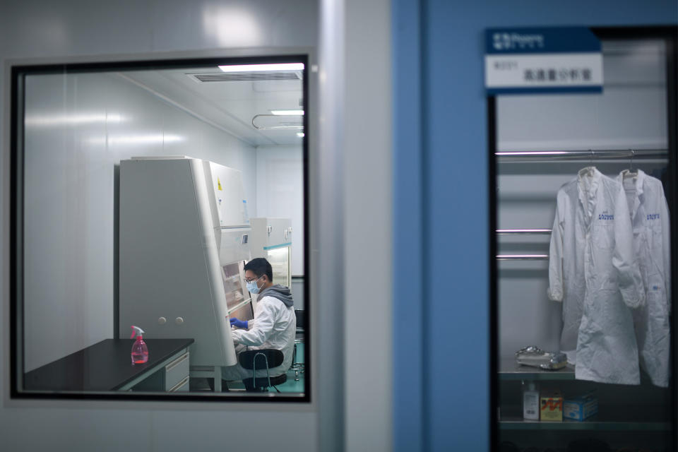 Wuhan, China October 12, 2021: A researcher works in a lab at a pharmaceutical in Wuhan in central China’s Hubei province Tuesday, Oct. 12, 2021. (Feature China/Barcroft Media via Getty Images)