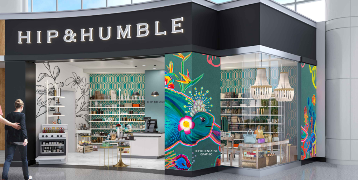 A rendering shows a new retail concept called Hip & Humble in the post-security rotunda space at the Louisville Muhammad Ali International Airport.