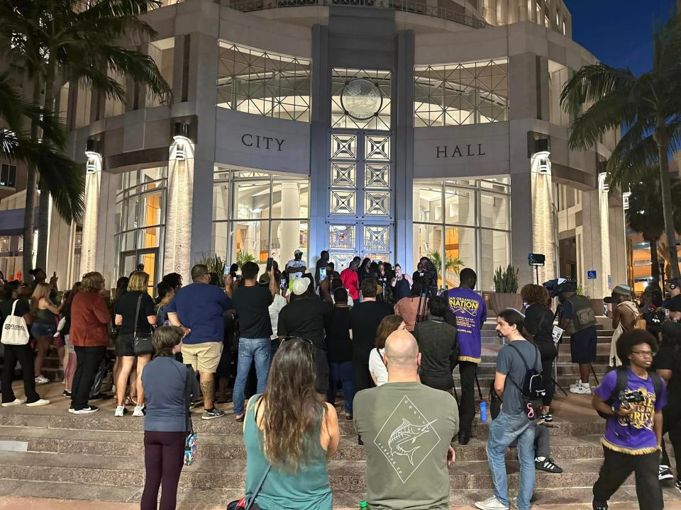 People gather at Orlando City Hall Oct. 3, 2023 to pressure the Orlando Police Department to further investigate the death of Yolna Lubrin, who was found hanging from a tree the week prior.