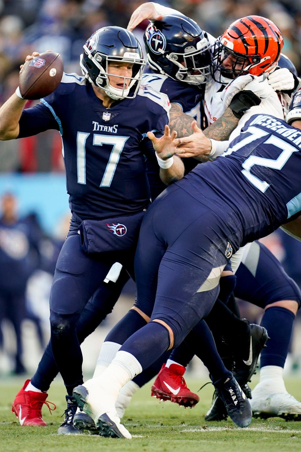 Titans quarterback Ryan Tannehill had three costly interceptions against the Bengals, the first on his first throw of the game and the worst on his final throw because it set up the Bengals' game-winning field goal.