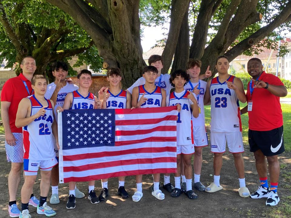 Horseheads High School's Thomas White and Jack Starbuck joined Elmira Notre Dame's Finn Schweizer in helping PhD Hoops USA team to a gold medal in the under-16 division at the United World Games in Austria in June of 2023.