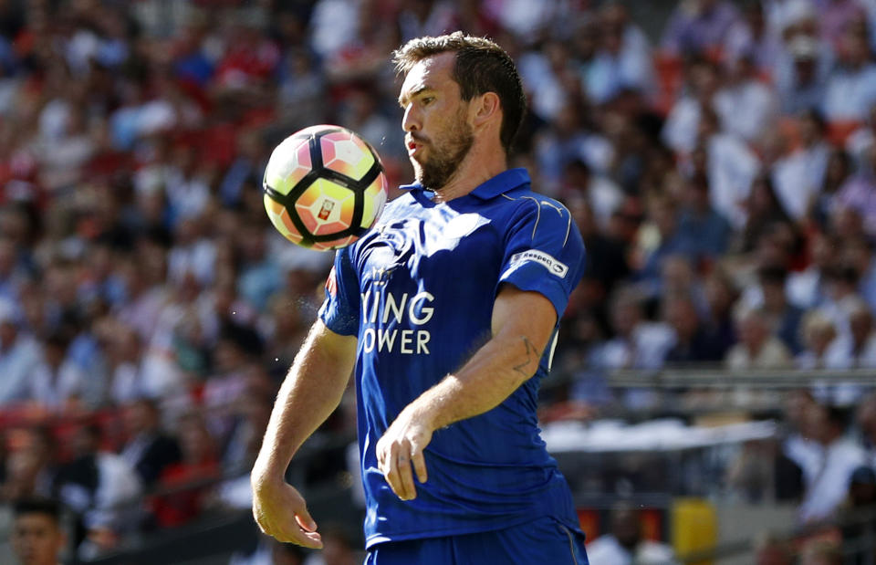 Football Soccer Britain - Leicester City v Manchester United - FA Community Shield - Wembley Stadium - 7/8/16 Leicester City's Christian Fuchs in action Action Images via Reuters / John Sibley Livepic EDITORIAL USE ONLY. No use with unauthorized audio, video, data, fixture lists, club/league logos or "live" services. Online in-match use limited to 45 images, no video emulation. No use in betting, games or single club/league/player publications. Please contact your account representative for further details.