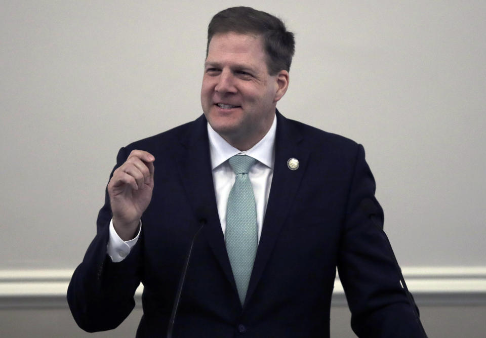 In this Jan. 3, 2019 photo, Republican Gov. Chris Sununu speaks during his second inauguration at the State House in Concord, N.H. Sununu is abandoning his pick for the state’s poet laureate amid growing criticism of the poet’s work and how he was chosen. Though he never formally nominated him, Sununu earlier this year chose Daniel Thomas Moran. Some say Moran is not qualified. The surfacing this week of a sexually suggestive poem Moran wrote about former Secretary of State Condoleezza Rice only intensified criticism. (AP Photo/Charles Krupa)