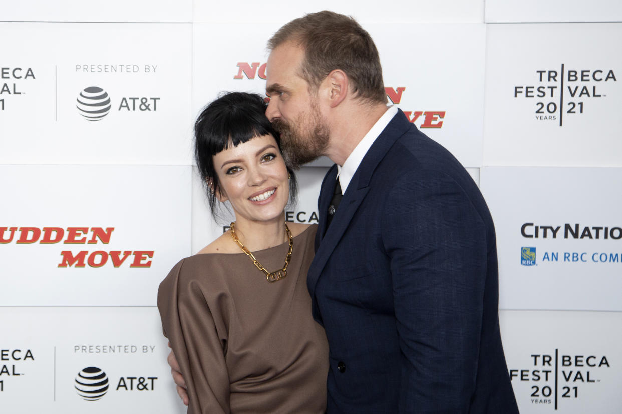 NEW YORK, NEW YORK - JUNE 18: Lily Allen and David Harbour attend 'No Sudden Move' during 2021 Tribeca Festival at The Battery on June 18, 2021 in New York City. (Photo by Santiago Felipe/Getty Images)