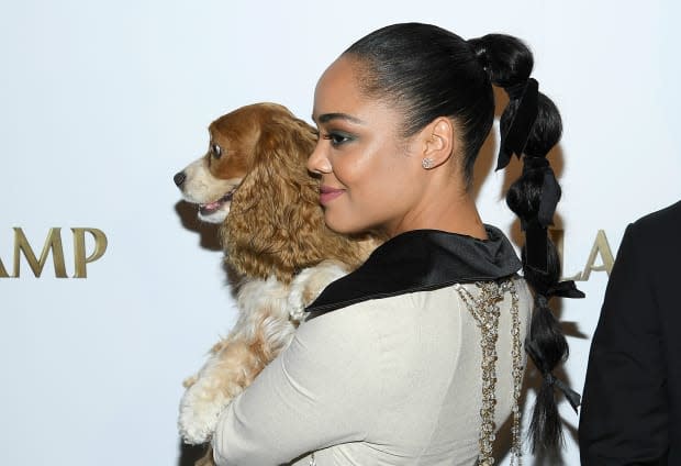 Tessa Thompson and a pup at the Disney+ screening of 'Lady and the Tramp.'