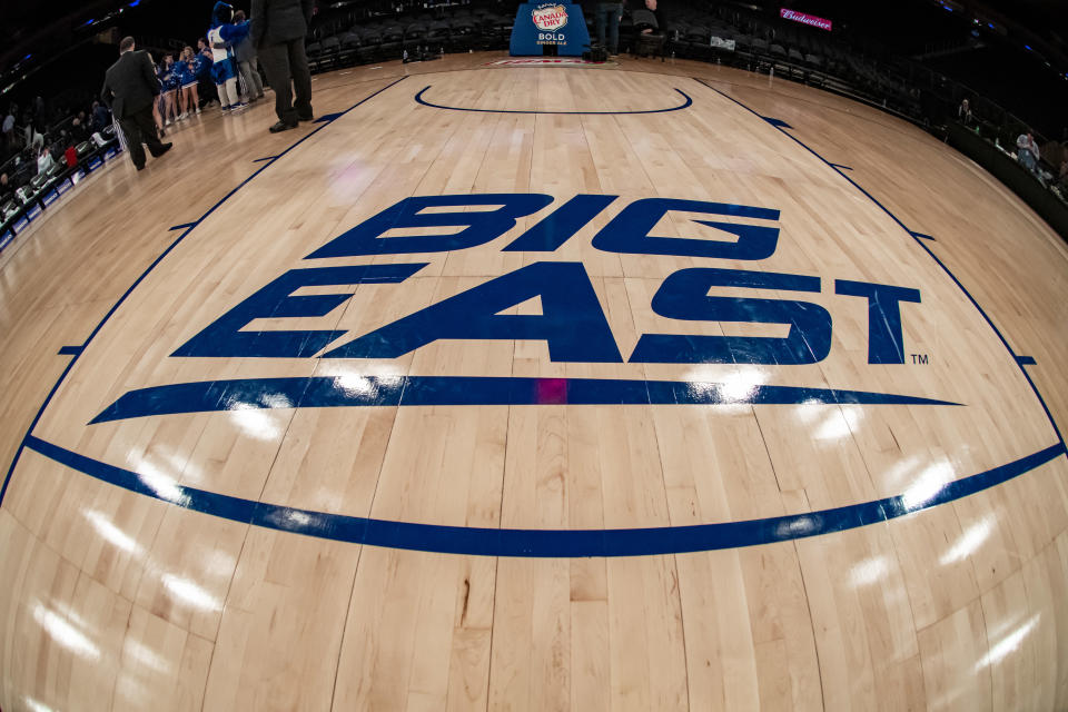 NEW YORK, NY - MARCH 12: General view of the Big East Conference logo during the first half of the Big East tournament quarterfinal round game between the St. Johns Red Storm and Creighton Blue Jays on March 12, 2020 at Madison Square Garden in New York, NY  (Photo by John Jones/Icon Sportswire via Getty Images)