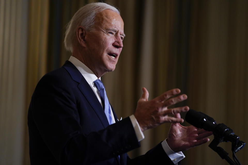 President Joe Biden speaks during a virtual swearing in ceremony of political appointees from the State Dining Room of the White House. Source: AAP