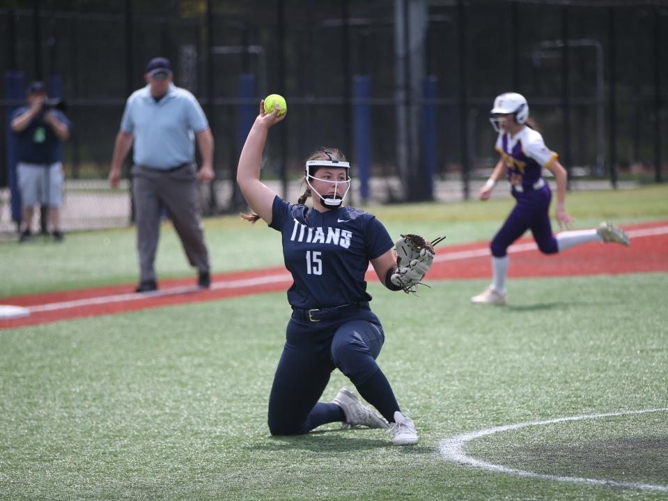 Webster Thomas' Madison Hicks fields a bunt during the New York State Softball Championship semifinal versus Troy on June 9, 2023. 