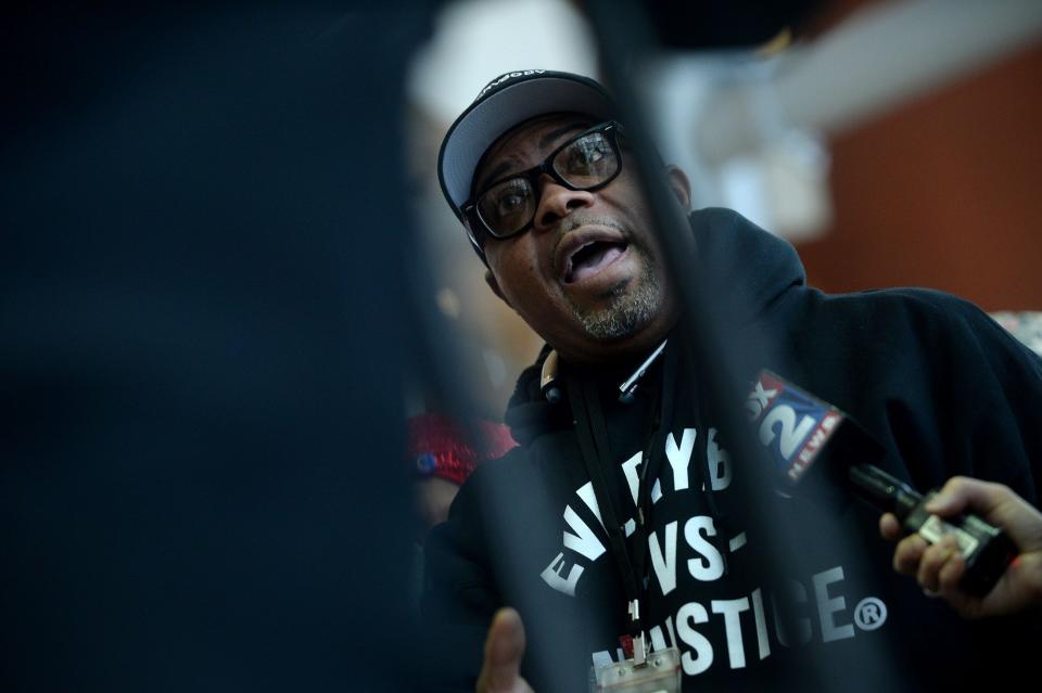 Rev. W.J. Rideout III speaking to the media during a press conference in Warren in 2017.