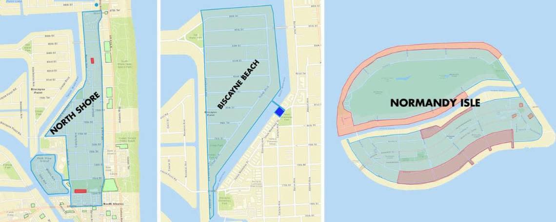 Maps sent out by the city of Miami Beach detail the new RRPP zones under the pilot program. Red areas represent lots and areas excluded from the boundaries. Blue areas represent lots and areas included within the boundaries.