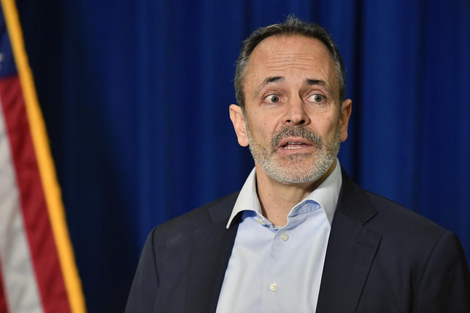 Former Kentucky Governor Matt Bevin speaks to the media gathered in the Kentucky Capitol Rotunda in Frankfort, Ky., Friday, Jan. 6, 2023. Bevin had hinted that he would declare his candidacy for the office of Governor in the Republican primary, but after his speech he left the Capitol without filing. (AP Photo/Timothy D. Easley)