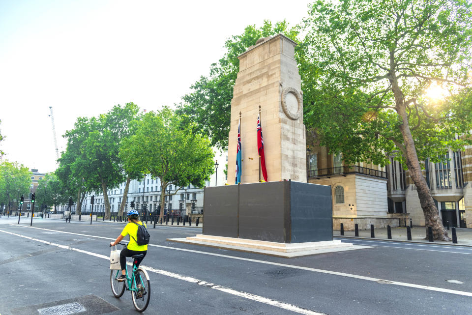 A The Cenotaph was boarded up to protect it during the Black Lives Matter protests (PA)