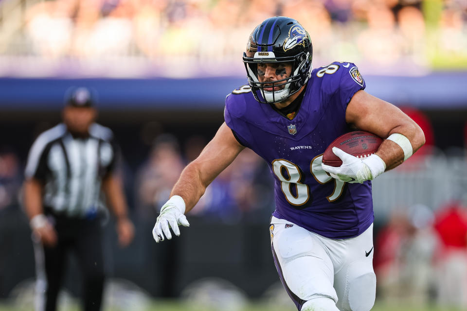 NFL inactives BALTIMORE, MD - NOVEMBER 05: Mark Andrews #89 of the Baltimore Ravens carries the ball against the Seattle Seahawks during the second half at M&T Bank Stadium on November 5, 2023 in Baltimore, Maryland. (Photo by Scott Taetsch/Getty Images)