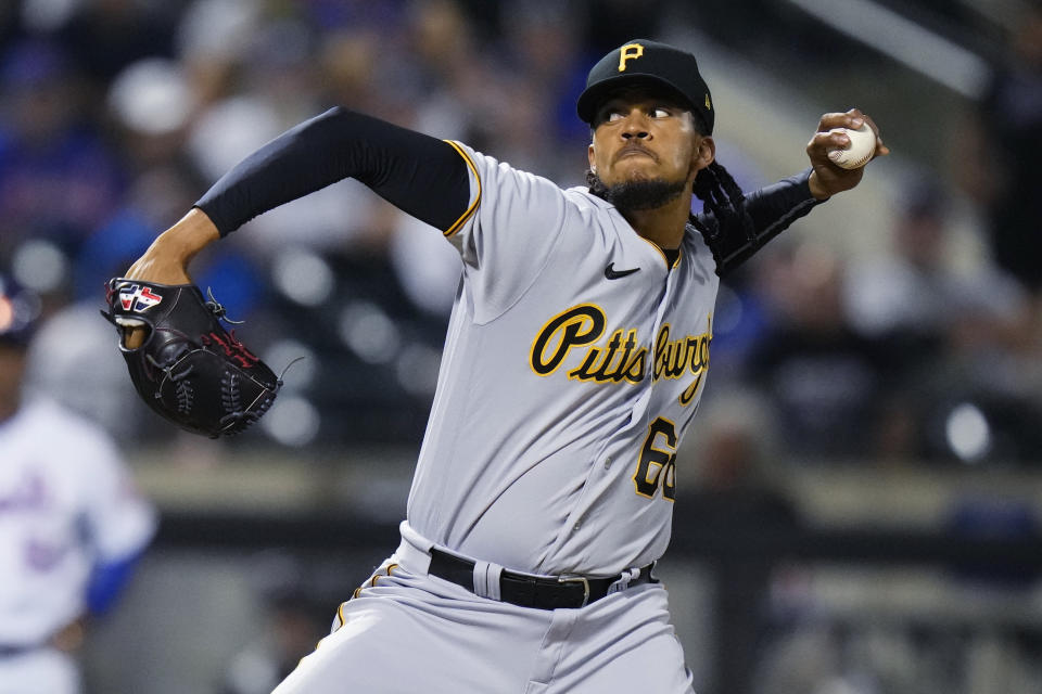 Pittsburgh Pirates' Angel Perdomo pitches during the seventh inning of the team's baseball game against the New York Mets on Tuesday, Aug. 15, 2023, in New York. (AP Photo/Frank Franklin II)