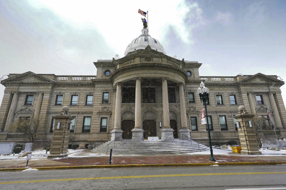 The refurbished county courthouse stands along Main Street in Washington, Pa., March 28, 2022. Many county improvements have been made possible because the funding made available through fees on shale gas drilling in the county. (AP Photo/Keith Srakocic)