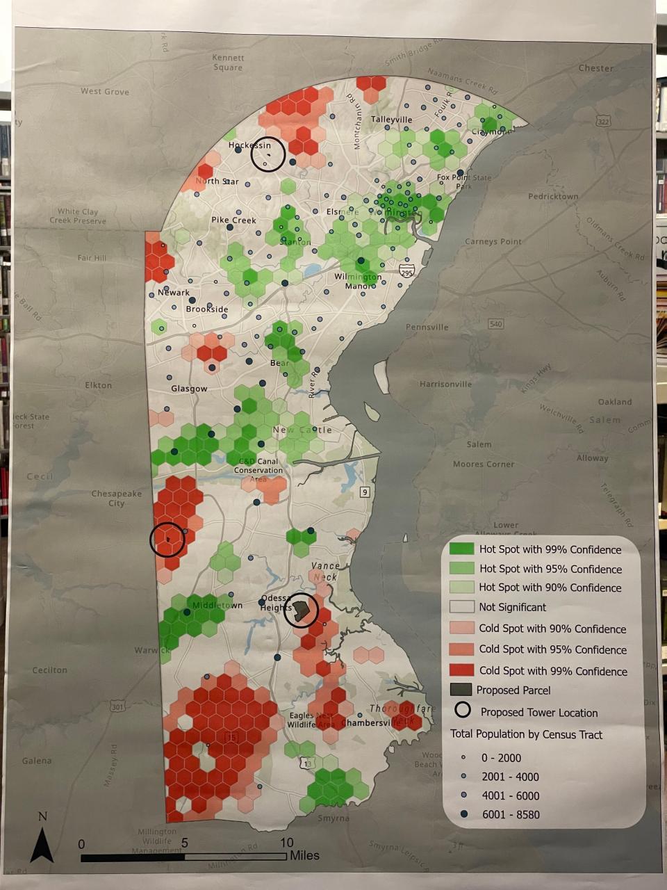 A map of priority locations for new cell towers in Townsend, Middletown and Hockessin.