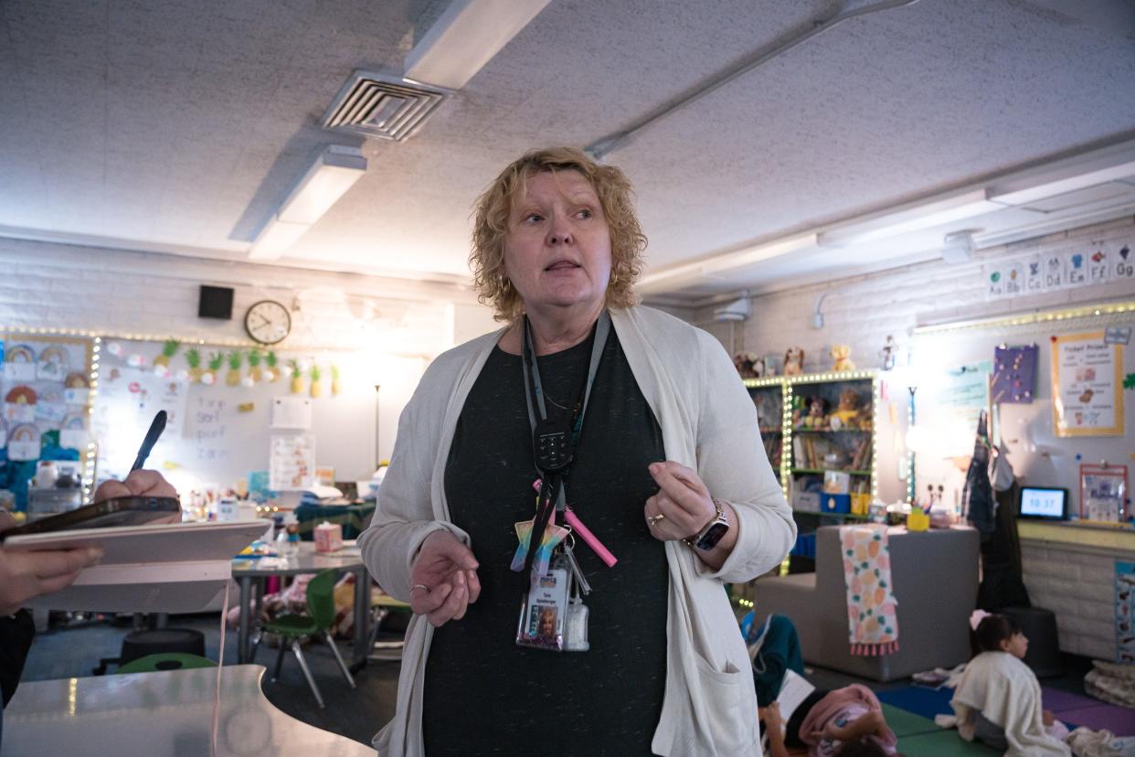 Tara Spielberger in her classroom at Stevenson Elementary on April 15, 2024, in Mesa. Spielberger teaches one subject, reading, in a first and second grade house, and reports experiencing less burnout with the school's team teaching model.