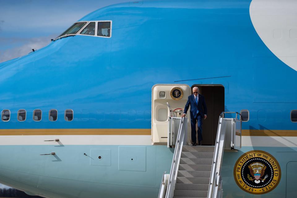 President Joe Biden departs Air Force One at CVG Wednesday morning
