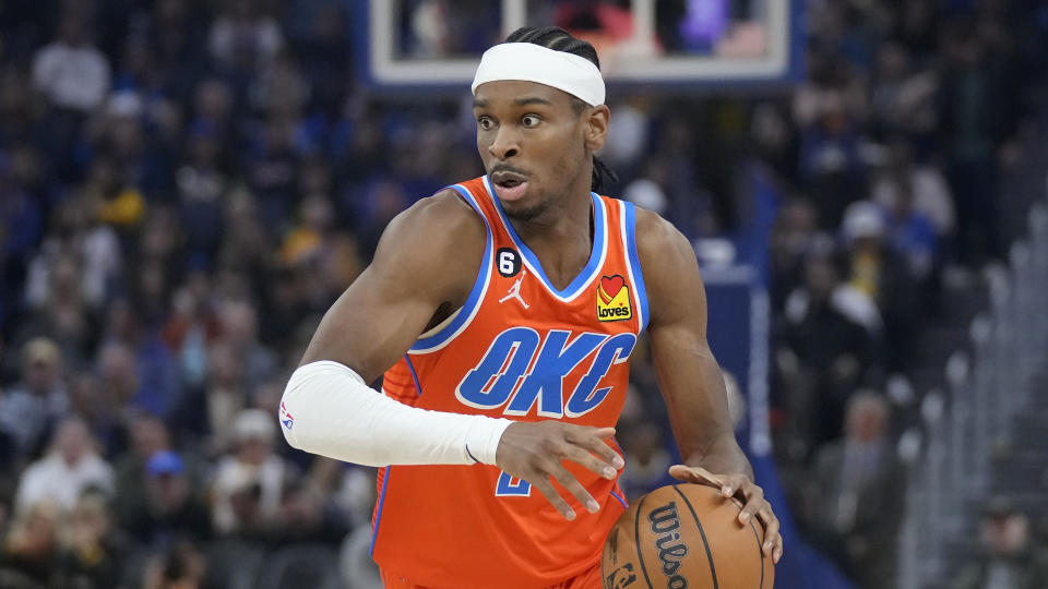 Oklahoma City Thunder guard Shai Gilgeous-Alexander during an NBA basketball game against the Golden State Warriors in San Francisco, Tuesday, April 4, 2023. (AP Photo/Jeff Chiu)