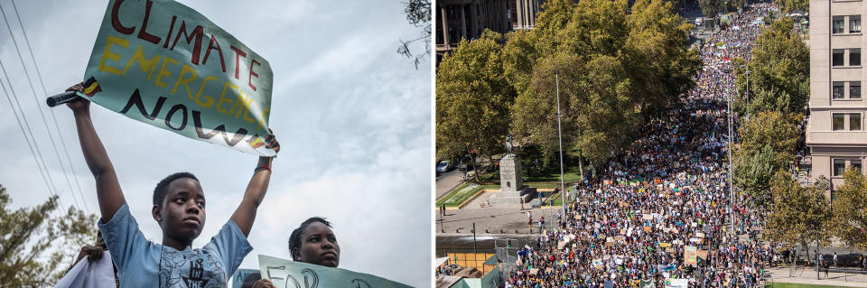 AFRICA: Leah Namugerwa, 15, and Hilda Nakabuye, 22, lead a climate protest near Kampala, Uganda, in September; SOUTH AMERICA: Thousands march in Santiago, Chile, during a Fridays for Future protest in March demanding urgent action to prevent global warming | Sumy Sadurni—The New York Times/Redux; Martin Bernetti—AFP/Getty Images