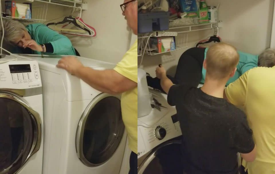 The latest video to brighten people’s day across the internet is a six-minute adventure in which a grandmother gets stuck behind a clothes dryer. Source: Facebook/Emily McDaneld