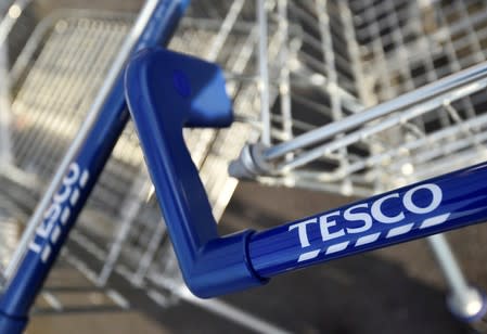 FILE PHOTO: Shopping trolleys at a Tesco supermarket in central London