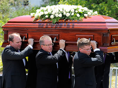 Phillip Hughes' casket arrives ahead of the funeral service.