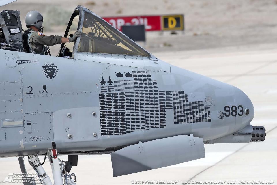 An A-10 Warthog sporting F-22 and F-16 kill marks at Yuma Airshow 2019, Marine Corps Air Station (MCAS) Yuma. <em>Courtesy of Peter Steehouwer</em>