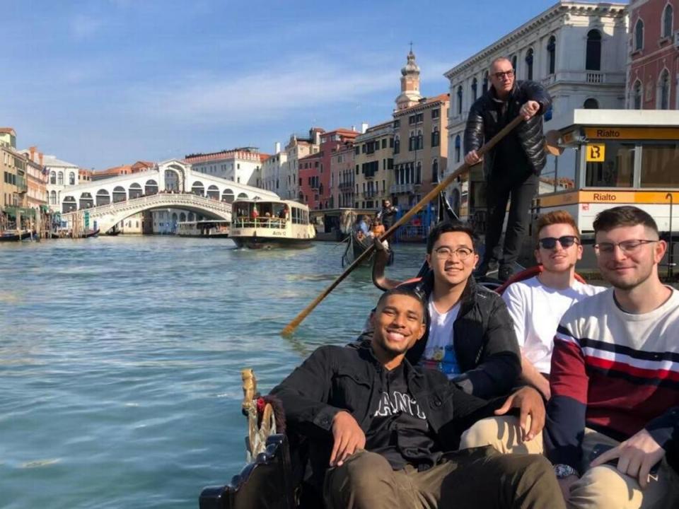 Isaiah Boyd (bottom left), shown here with friends in Venice, Italy, was studying abroad in Florence, Italy this semester. Boyd was told to fly back to the U.S. early due to the spread of Coronavirus Disease 2019.