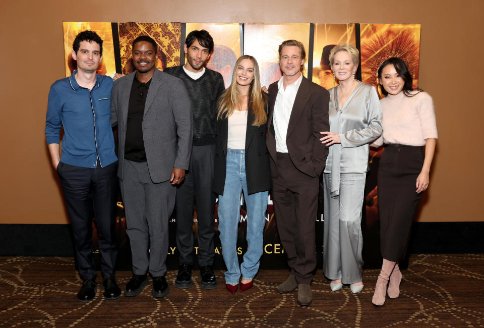 NEW YORK, NEW YORK - NOVEMBER 16: (L-R) Damien Chazelle, Jovan Adepo, Diego Calva, Margot Robbie, Brad Pitt, Jean Smart, and Li Jun Li attend a New York Special Screening and Q&A in support of Paramount Pictures' 