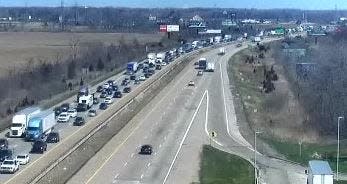 Michigan Department of Transportation cameras show traffic backed up on southbound Interstate 75 in Monroe Township on Monday, April 8, 2024.