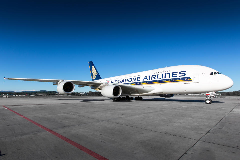 Zurich, Switzerland - May 18, 2013: Singapore Airlines Airbus A380 arriving at Zurich International Airport.