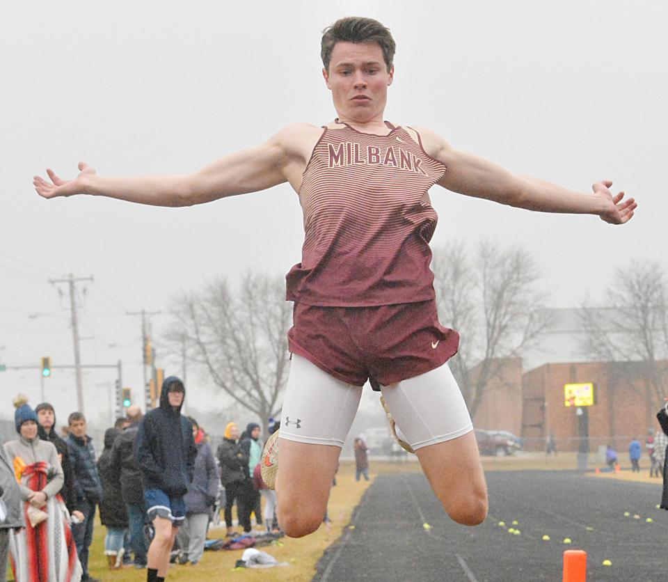 Milbank's Bennett Schwenn broke meet records in winning both the Class A-B boys' long (21-10) and triple (44-3.5) and was named the co-MVP in the Class A-B boys division along with teammate Nick Batchelor.