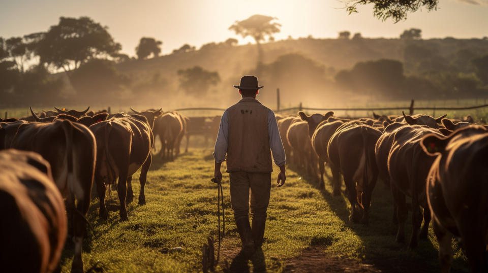 A farmer tending to a herd of cattle with Innovative Parasiticide and Vaccine Products.
