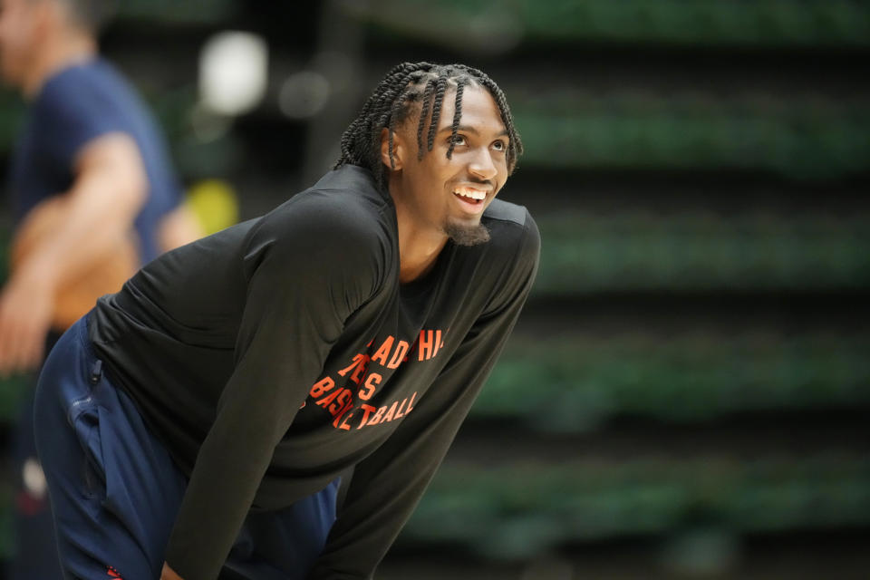 Philadelphia 76ers guard Tyrese Maxey looks on during the NBA basketball team's practice on Thursday, Oct. 5, 2023, in Fort Collins, Colo. (AP Photo/David Zalubowski)
