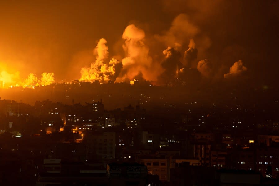 FILE – Fire and smoke rise following an Israeli airstrike in Gaza City, Sunday, Oct. 8, 2023. (AP Photo/Fatima Shbair, File)