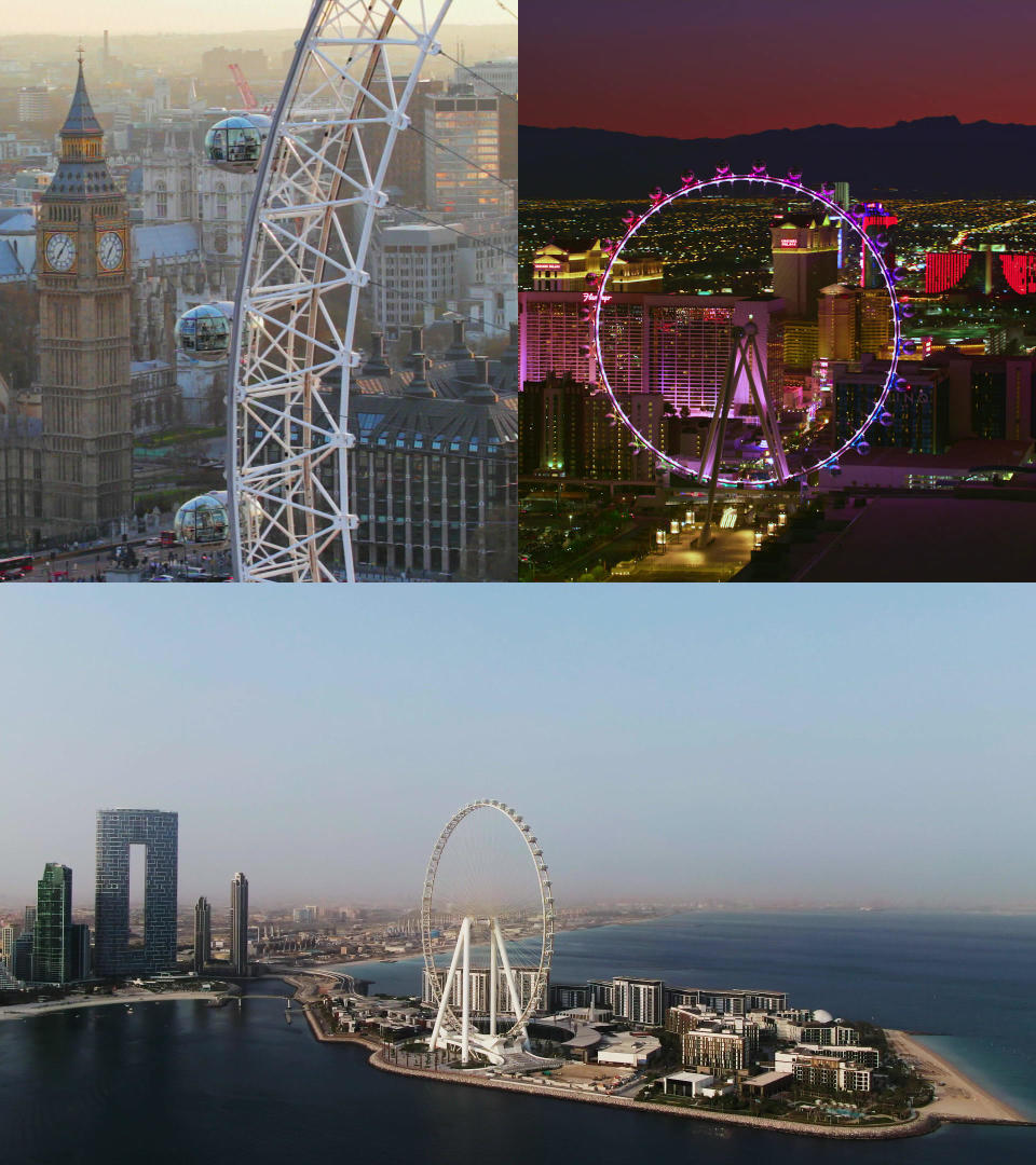 The London Eye, the High Roller in Las Vegas, and the Ain Dubai observation wheel in Dubai.  / Credit: CBS News