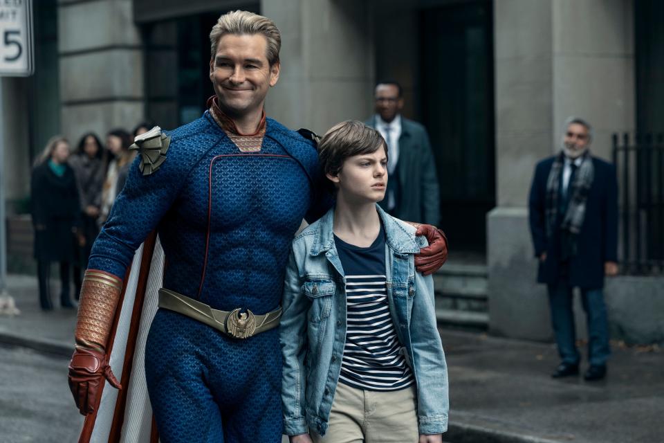 Homelander (Antony Starr, left) tries to make a superhero out of son Ryan (Cameron Crovetti) in the new season of "The Boys."