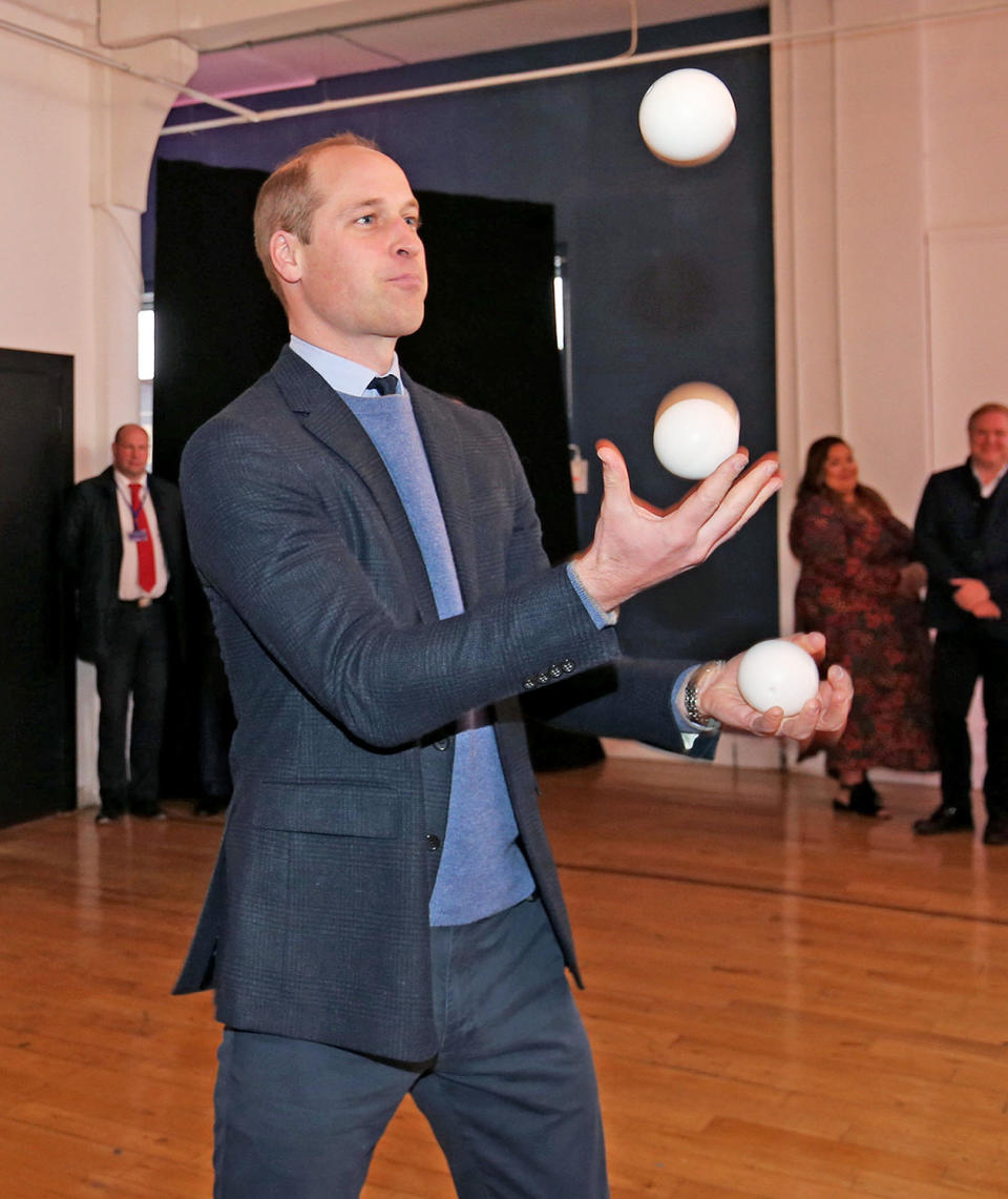 <p>Prince William <a href="https://people.com/royals/prince-william-shows-off-his-hidden-talent-of-juggling-as-kate-middleton-cheers-him-on/" rel="nofollow noopener" target="_blank" data-ylk="slk:showed off his own juggling skills;elm:context_link;itc:0;sec:content-canvas" class="link ">showed off his own juggling skills</a> during a January 2020 tour of Ireland — although adding a fourth ball to the mix proved to be too challenging.</p>