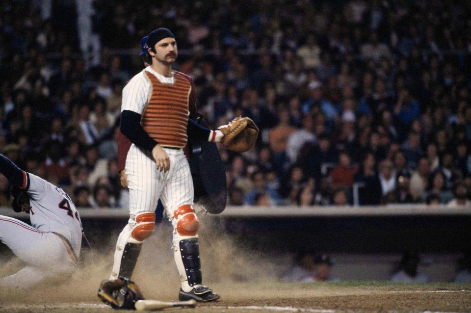 New York Yankee catcher Thurmon Munson standing by home plate in 1977.