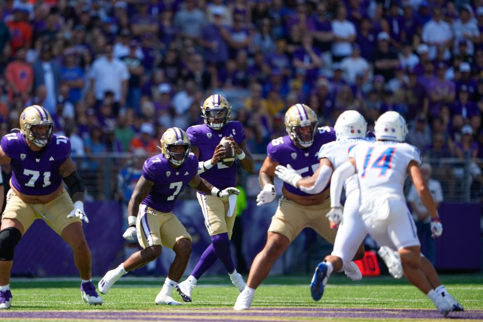 Washington quarterback Michael Penix Jr. holds the ball as he looks for a pass opening against Boise State during the first half at Husky Stadium in Seattle Sept. 2, 2023.