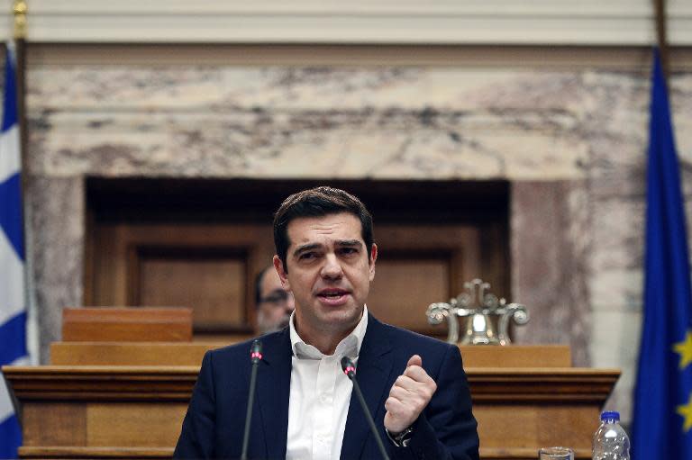 Greece's Prime Minister Alexis Tsipras addresses MP's at the Greek parliament in Athens on February 5, 2015