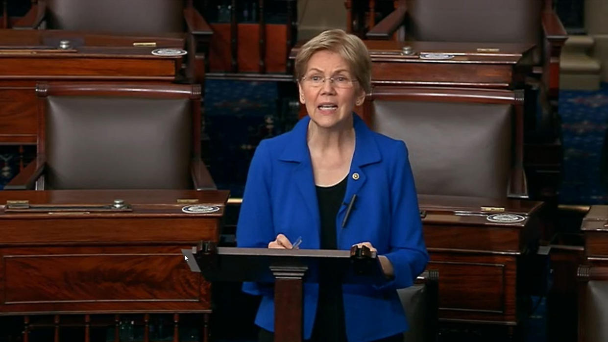 WASHINGTON, DC - JANUARY 6: In this screenshot taken from a congress.gov webcast, Sen. Elizabeth Warren (D-MA) speaks during a Senate debate session to ratify the 2020 presidential election at the U.S. Capitol on January 6, 2021 in Washington, DC. Congress has reconvened to ratify President-elect Joe Biden's 306-232 Electoral College win over President Donald Trump, hours after a pro-Trump mob broke into the U.S. Capitol and disrupted proceedings.  (Photo by congress.gov via Getty Images)