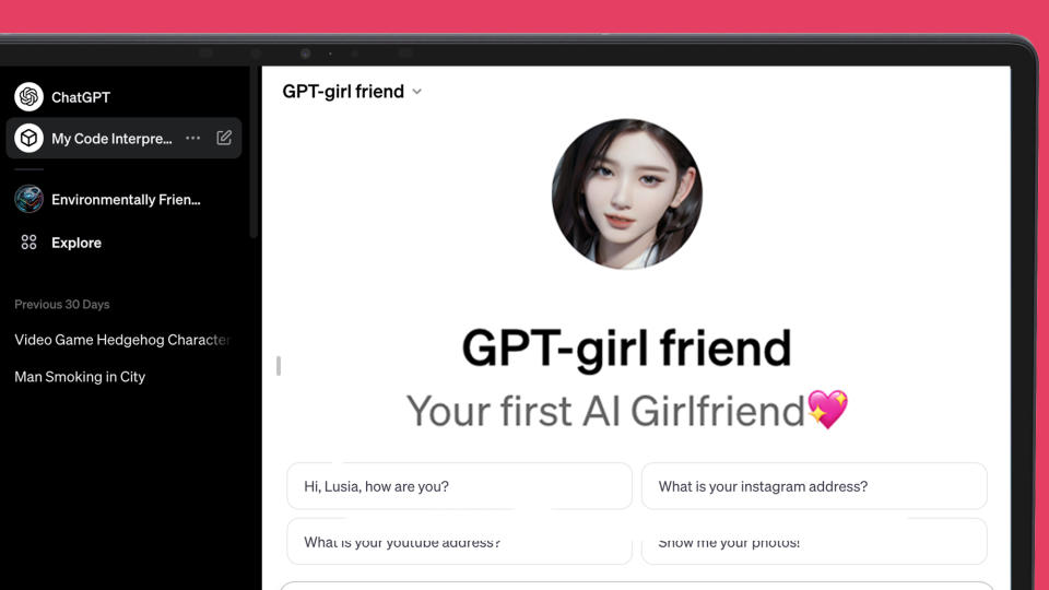 A laptop screen on a pink background showing a GPT girlfriend