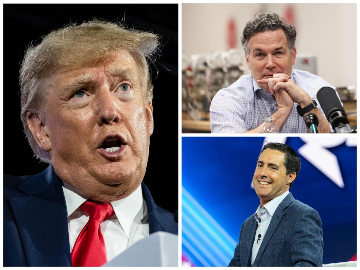 From left, clockwise, Dave McCormick, Frank LaRose, and Donald Trump.