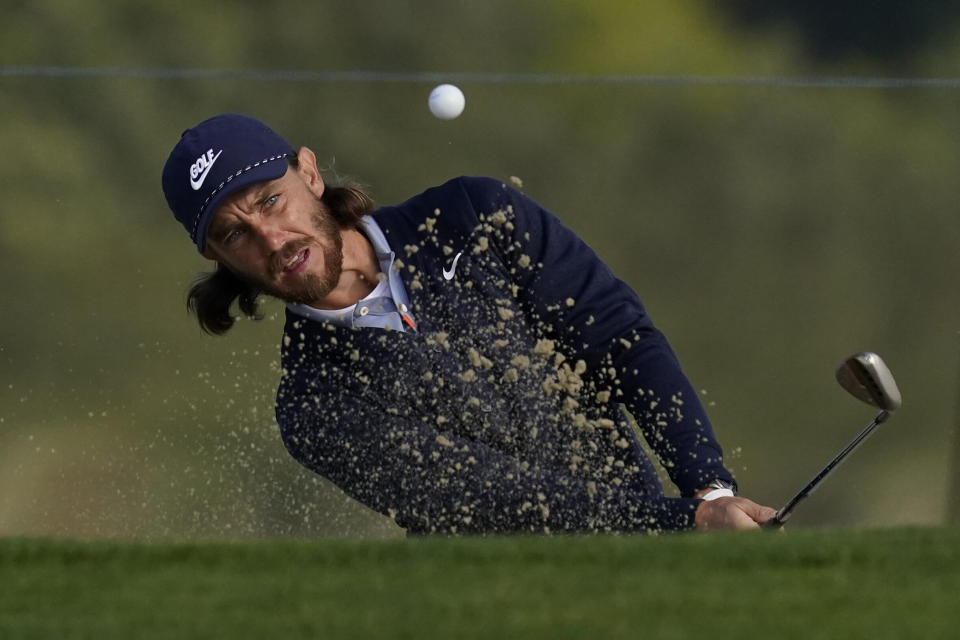 Tom Fleetwood of England, hits from the bunker on the 10th hole during the second round of the PGA Championship golf tournament at TPC Harding Park Friday, Aug. 7, 2020, in San Francisco. (AP Photo/Jeff Chiu)